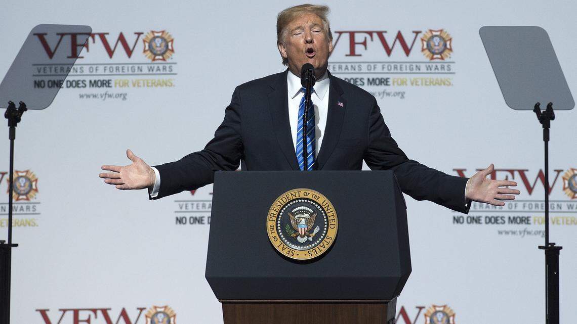 President Donald Trump spoke at the Veterans’ of Foreign Wars National Convention during a stop in Kansas City Tuesday at Municipal Auditorium.