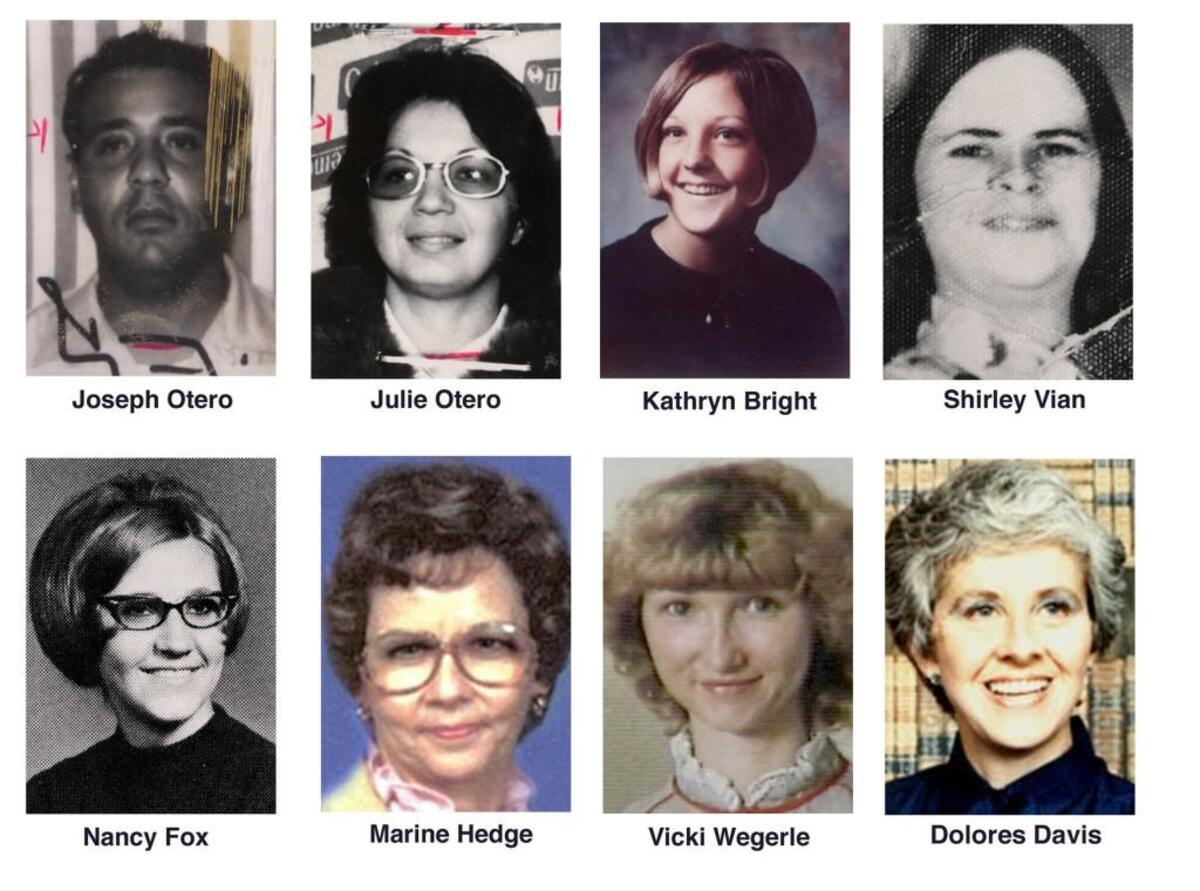 Eight of the 10 people whose deaths have been linked by authorities to the BTK serial killer, top row from left: Joseph Otero and his wife, Julie Otero; Kathryn Bright; and Shirley Vian. Bottom row from left: Nancy Fox, Marine Hedge, Vicki Wegerle and Dolores Davis. Dennis Rader was convicted in their deaths.