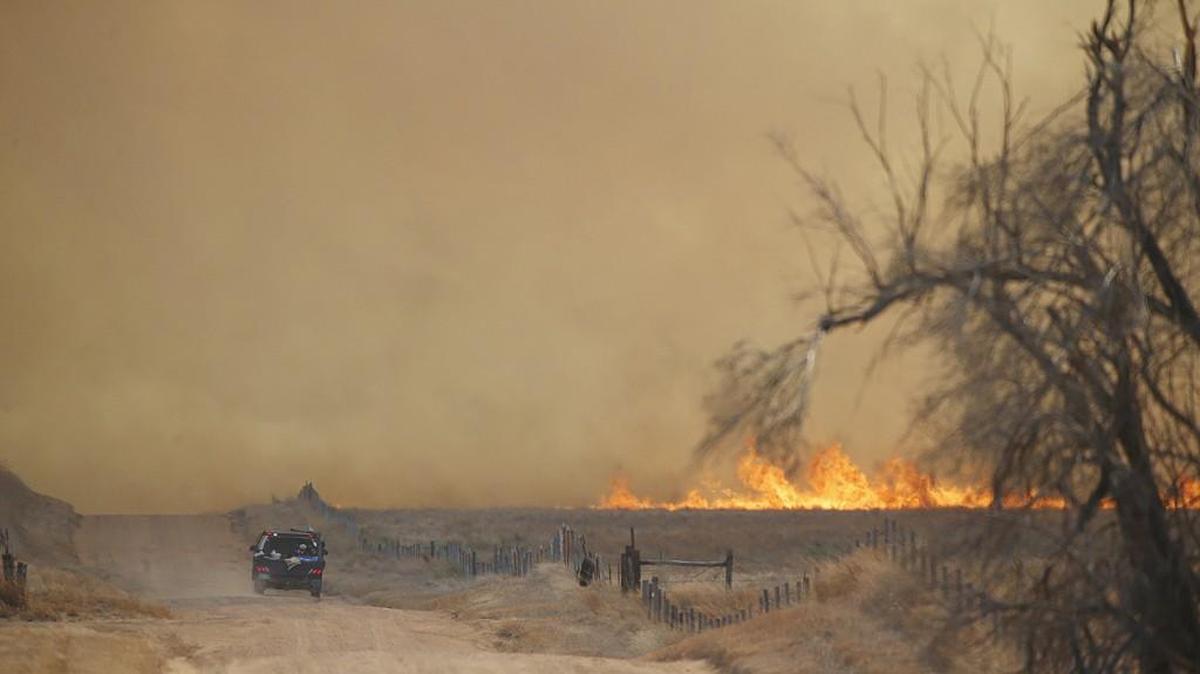 Fire jumps a road in Comanche County near the Kiowa County line. The fire was racing east, driven by winds of nearly 30 mph. (March 7, 2017)