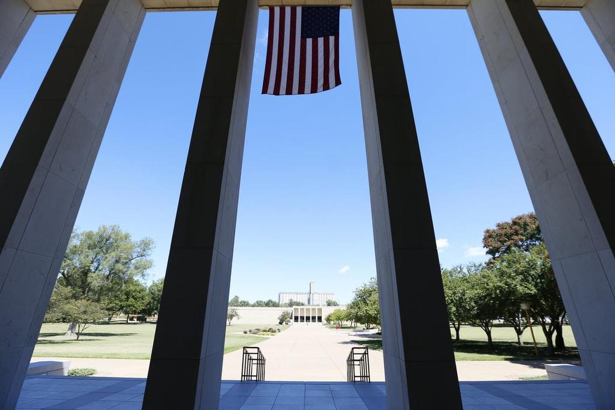Looking north the columns of the Eisenhower Library frame the campus of the Eisenhower Library and Museum in Abilene. (Aug. 20, 2015)