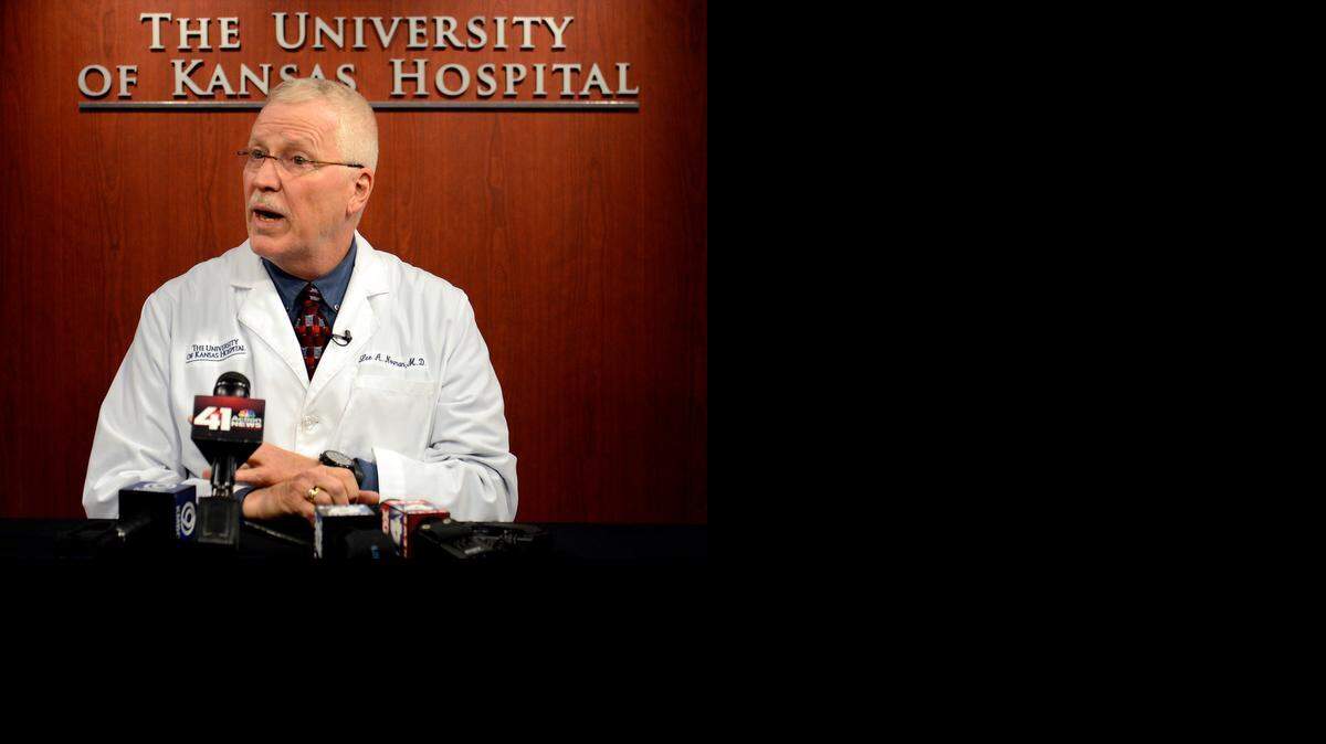 
Dr. Lee Norman, chief medical officer of The University of Kansas Hospital, spoke with the media Monday night about a patient that came to the hospital Monday morning with a high fever and other serious symptoms. 
