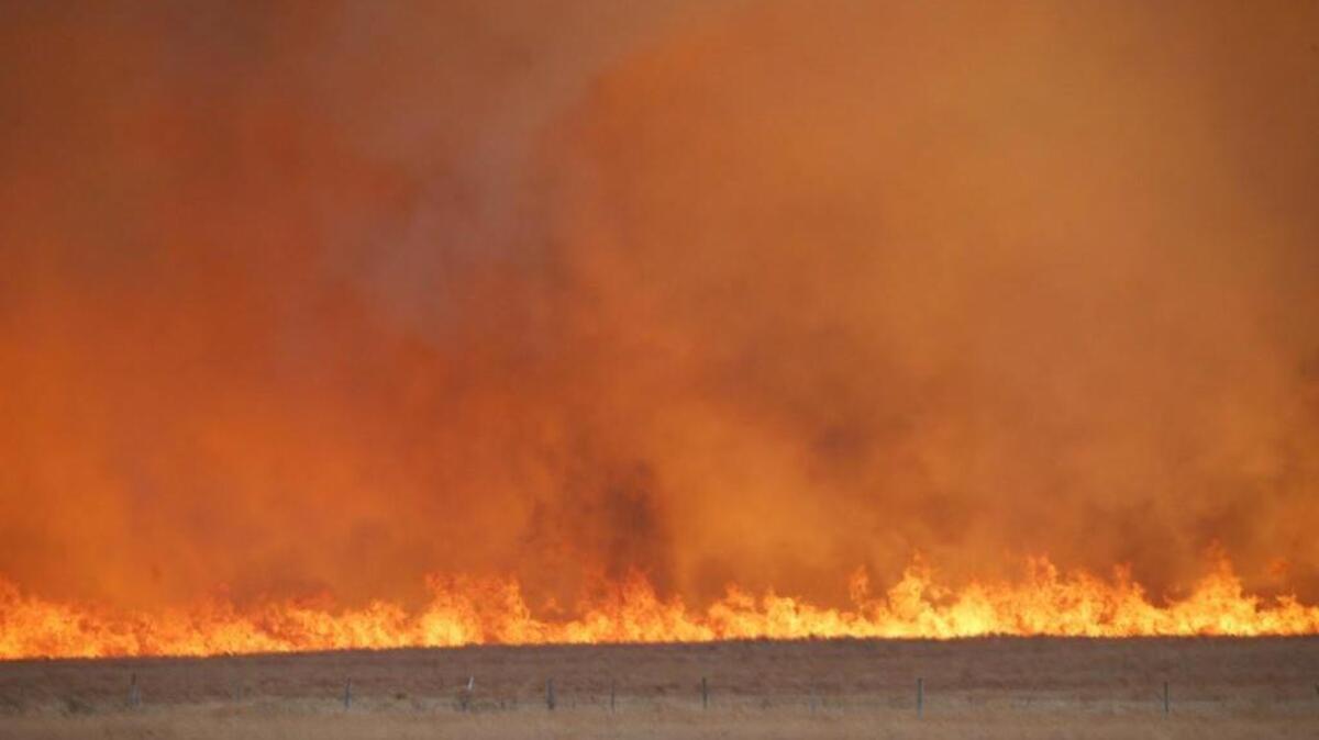 Fire jumps a road in Comanche County near the Kiowa County line. The fire was racing east driven by winds of nearly 30 mph. (March 7, 2017)