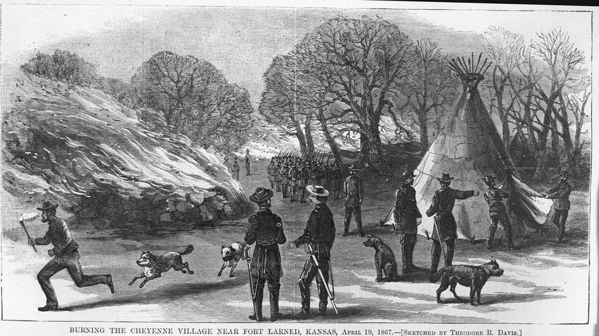 This illustration portrays soldiers under the command of Gen. Winfield S. Hancock burning a Cheyenne village on Pawnee Fork, 30 miles west of Fort Larned. The illustration was drawn by Theodore Davis and published in Harpers Weekly, April 19, 1867.