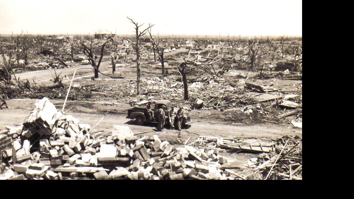 Damage caused by the tornado that struck Udall in 1955.