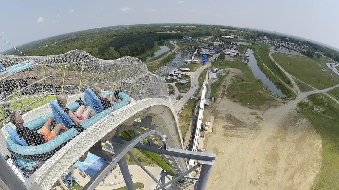 Riders slide down Verrückt, the world’s tallest water slide, at the Schlitterbahn Waterpark in Kansas City, Kan., on July 9, 2014.