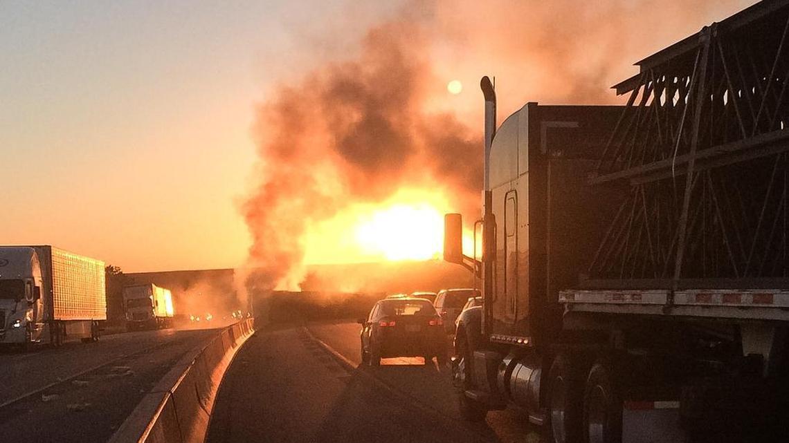 
A semitrailer truck on fire blocks the southbound lanes of the Kansas Turnpike just north of the Matfield Green service area on Tuesday night.
