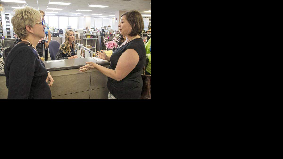 
Donna DiTrani, left, and Kerry Wilks question Sedgwick County trial court supervisor Shalyn Taylor after being refused a marriage license at the Sedgwick County Courthouse in Wichita on Oct. 6.
