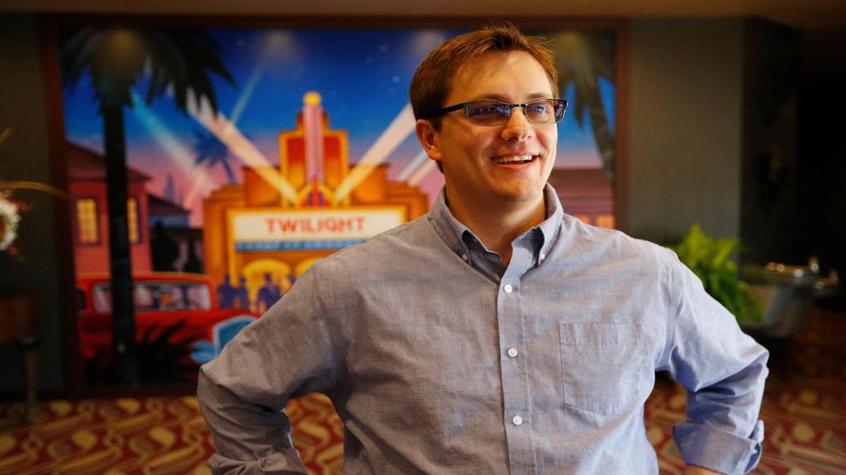 
Adam Wagner, director of the new Twilight Theater in Greensburg, shows off the new $3.5 million facility that opened with a crowd of 200 people the last week of April. It was the last major symbol from the old community to be rebuilt in the town devastated by a tornado in May 2007. (May 6, 2015) 
