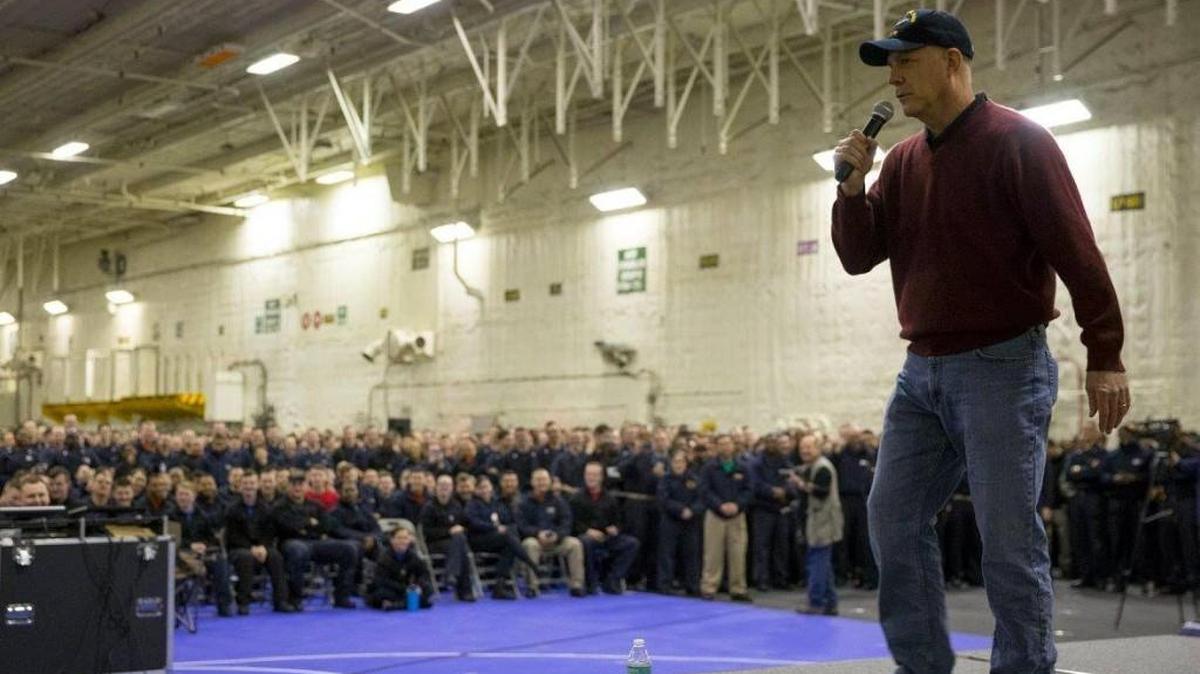 Kenneth Caldwell, Walt Disney Studios senior vice president of distribution, addresses the crew of USS Gerald R. Ford (CVN 78) in the ship’s hangar bay. Caldwell visited Ford to deliver a special screening of “Star Wars: The Last Jedi.”