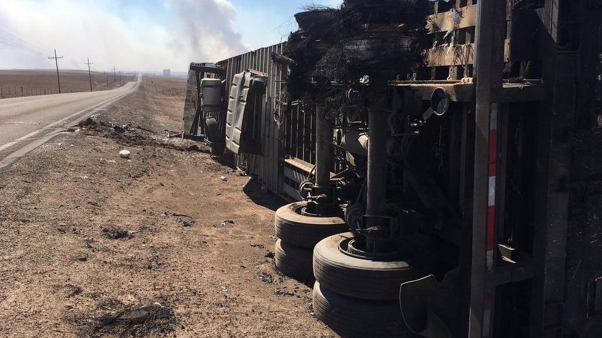 A truck is on its side and burned all the way through on highway 34. Not clear if this is the scene of the fatality reported.