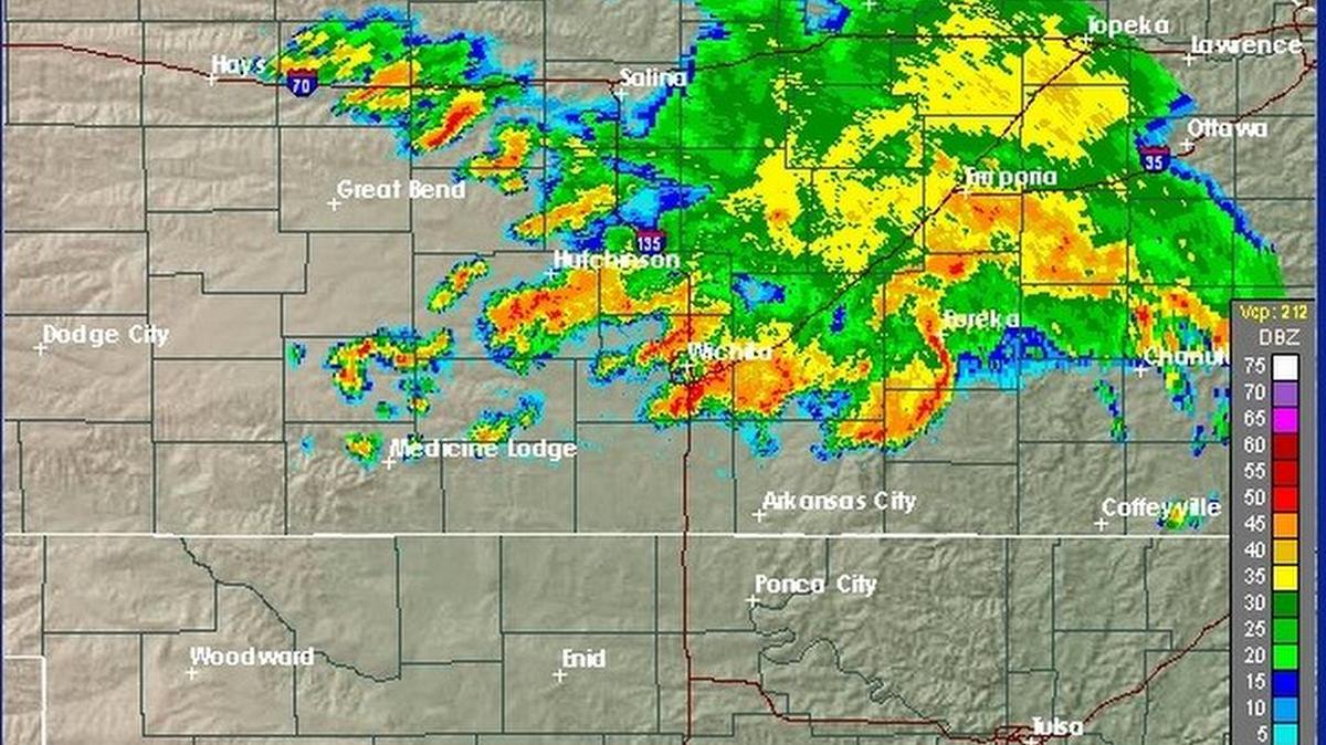 
The radar at 6:40 a.m. Wednesday. The National Weather Service has issued a severe thunderstorm watch until 11 a.m. for 30 counties across a large chunk of central and southern Kansas, including Wichita and the surrounding area.
