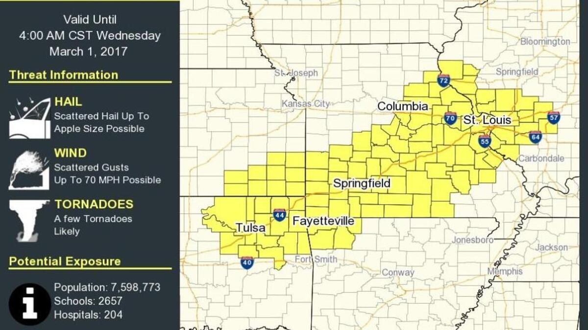 Parts of several states are included in a tornado watch that extends to 4 a.m. Wednesday.