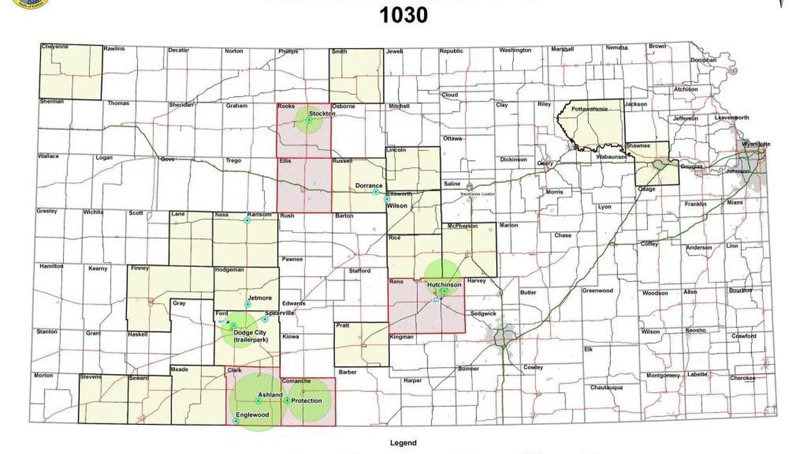 A map from the Kansas Division of Emergency Management, showing the counties with active and contained fires as of 10:30 a.m. Wednesday. (March 8, 2017)