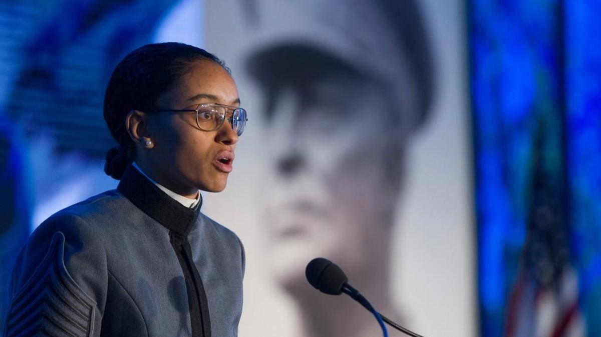 U.S. Military Academy Cadet Simone Askew, First Captain of Cadets, speaks during the groundbreaking of the Dwight D. Eisenhower Memorial, in Washington, Thursday. The memorial will be located on four acres of land near the National Mall.