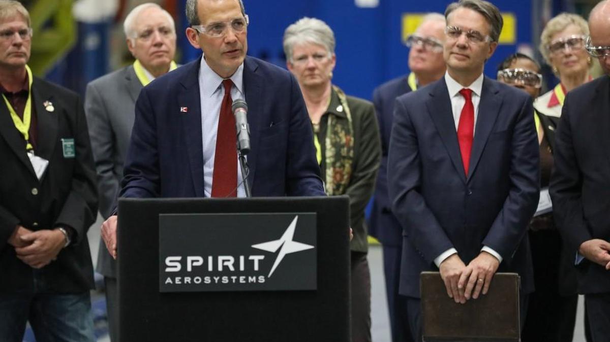 Spirit Aerospace CEO Tom Gentile speaks at their facility in Wichita during a ceremony announcing Spirit will add 1,000 new jobs to the Wichita area.