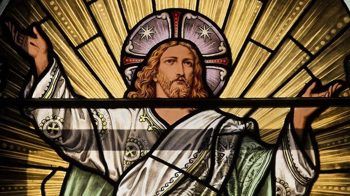 The stained glass windows of St. Fidelis Catholic Church in Victoria.