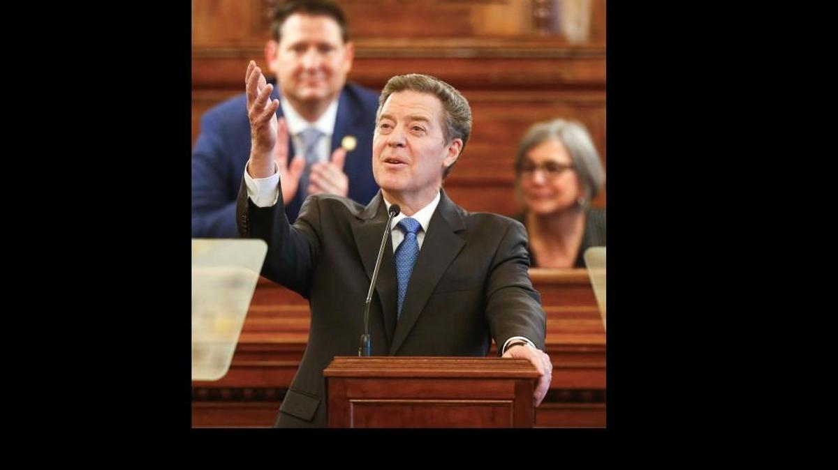 Kansas Gov. Sam Brownback speaks during Tuesday’s State of the State speech at the Statehouse in Topeka.
