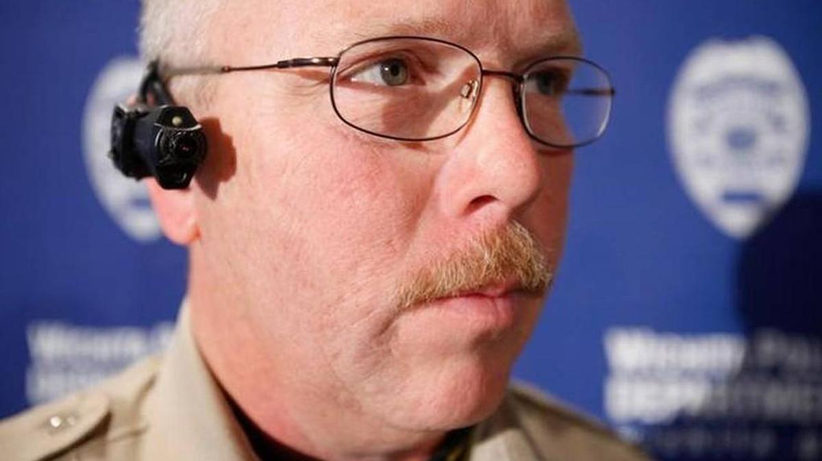 A body camera is shown on a Wichita police officer during a 2015 demonstration.