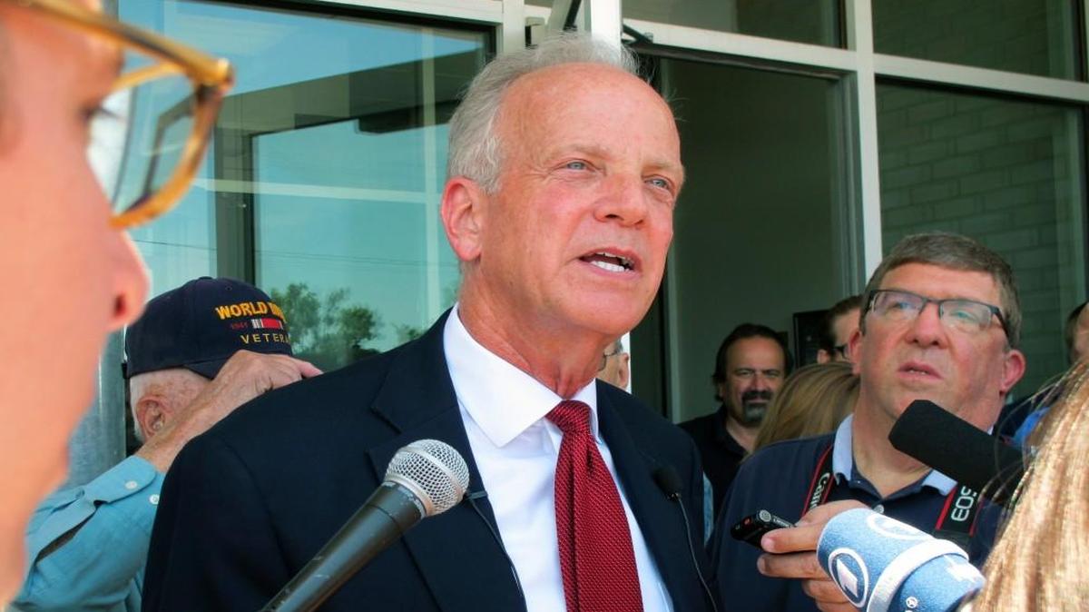 Republican Sen. Jerry Moran speaks to reporters following a town hall meeting July 6 in Palco. Moran has twice said he would not support GOP health care legislation.