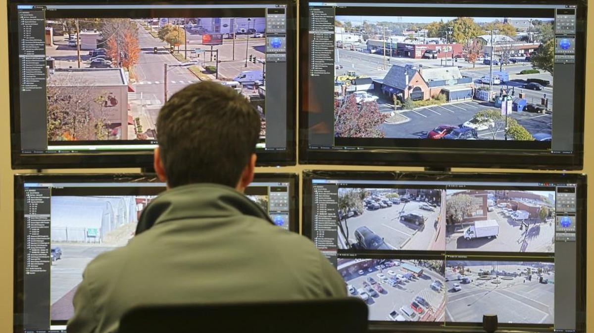 Traffic around First and Washington is monitored from screens on the fifth floor of City Hall earlier this month.