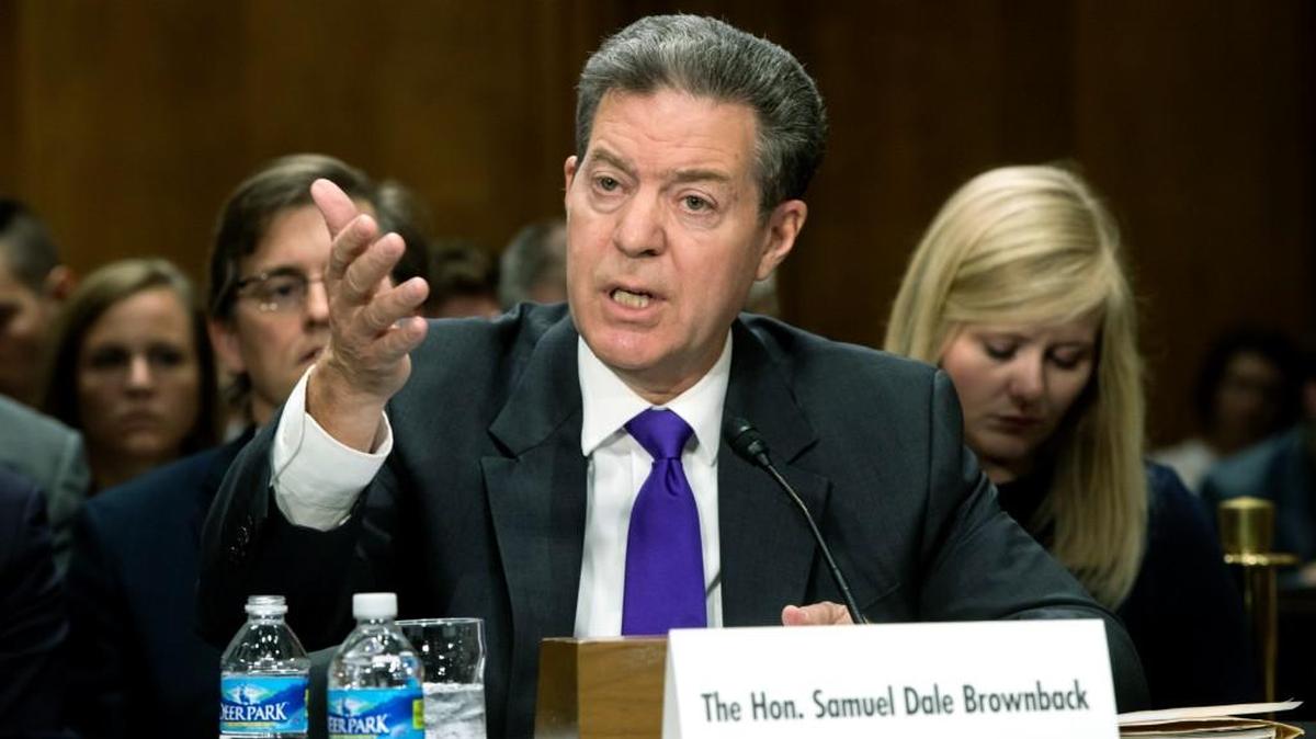 Kansas Gov. Sam Brownback answers a question before the Senate Foreign Relations Committee Oct. 4 as the nominee to be the United States Ambassador-at-Large for International Religious Freedom.