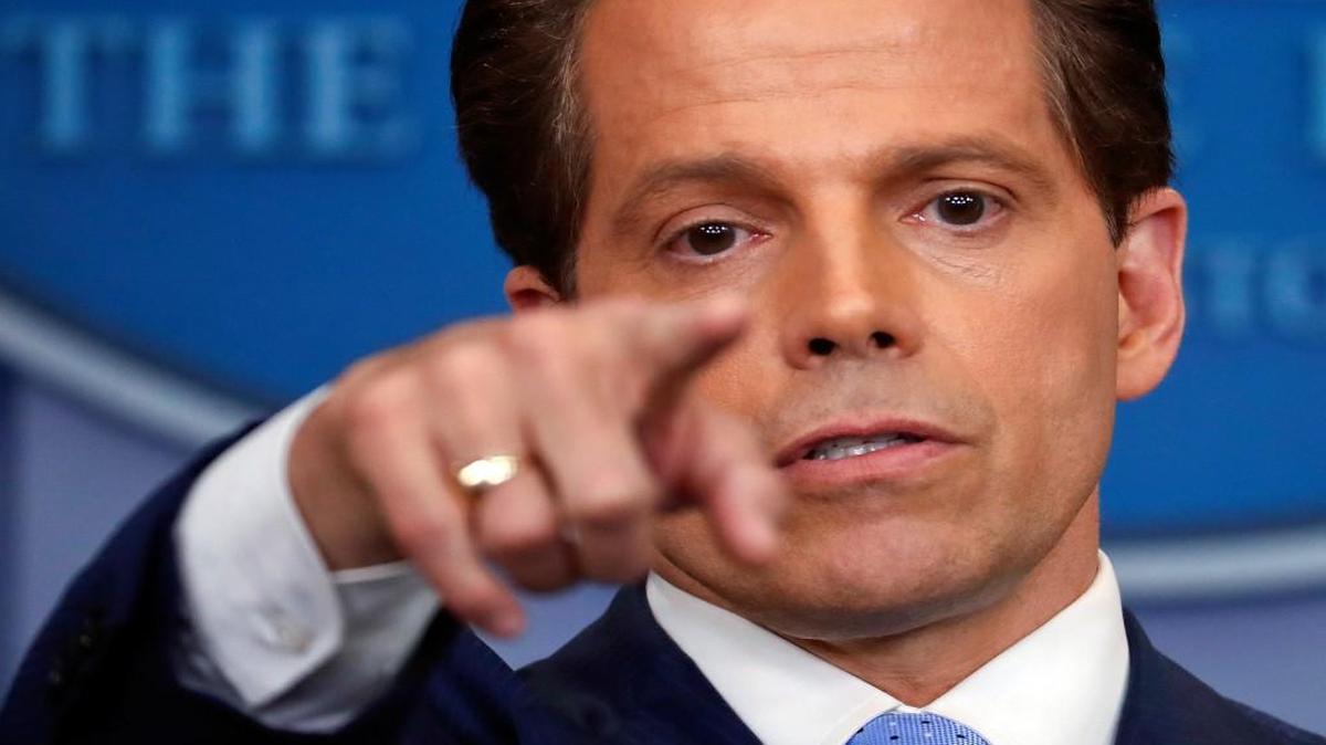 In this July 21, 2017 photo, incoming White House communications director Anthony Scaramucci points as he answers questions from members of the media during the press briefing in the Brady Press Briefing room of the White House in Washington. Scaramucci is out as White House communications director after just 11 days on the job. A person close to Scaramucci confirmed the staffing change just hours after President Donald Trumpâs new chief of staff, John Kelly, was sworn into office.