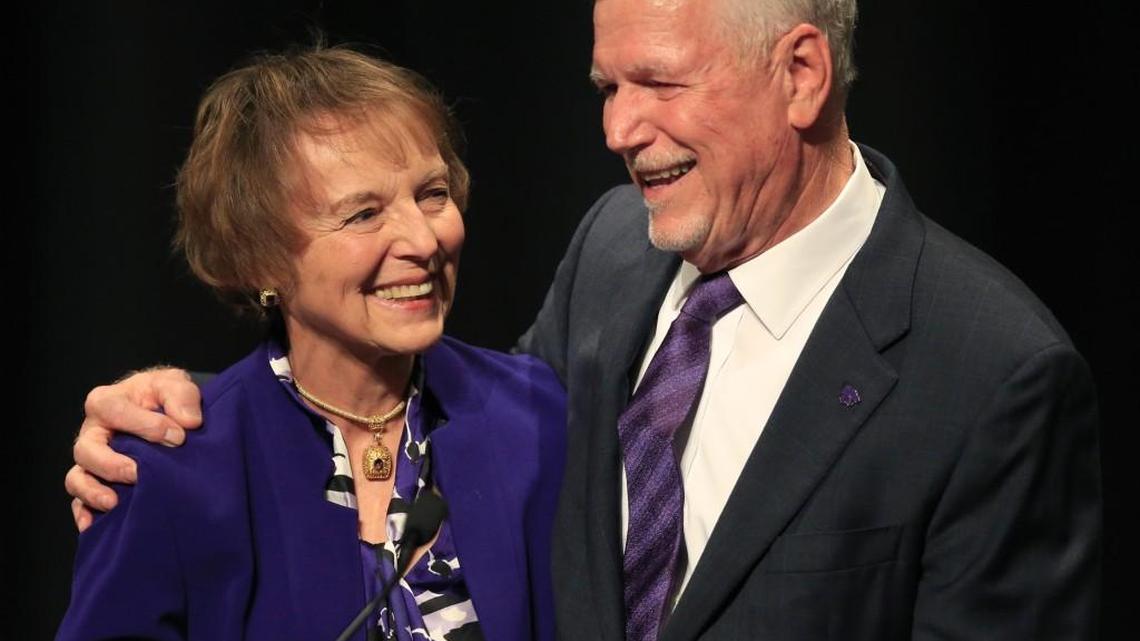 Richard Myers, right, stands with his wife Mary Jo after being named president of Kansas State University on Nov. 15, 2016.