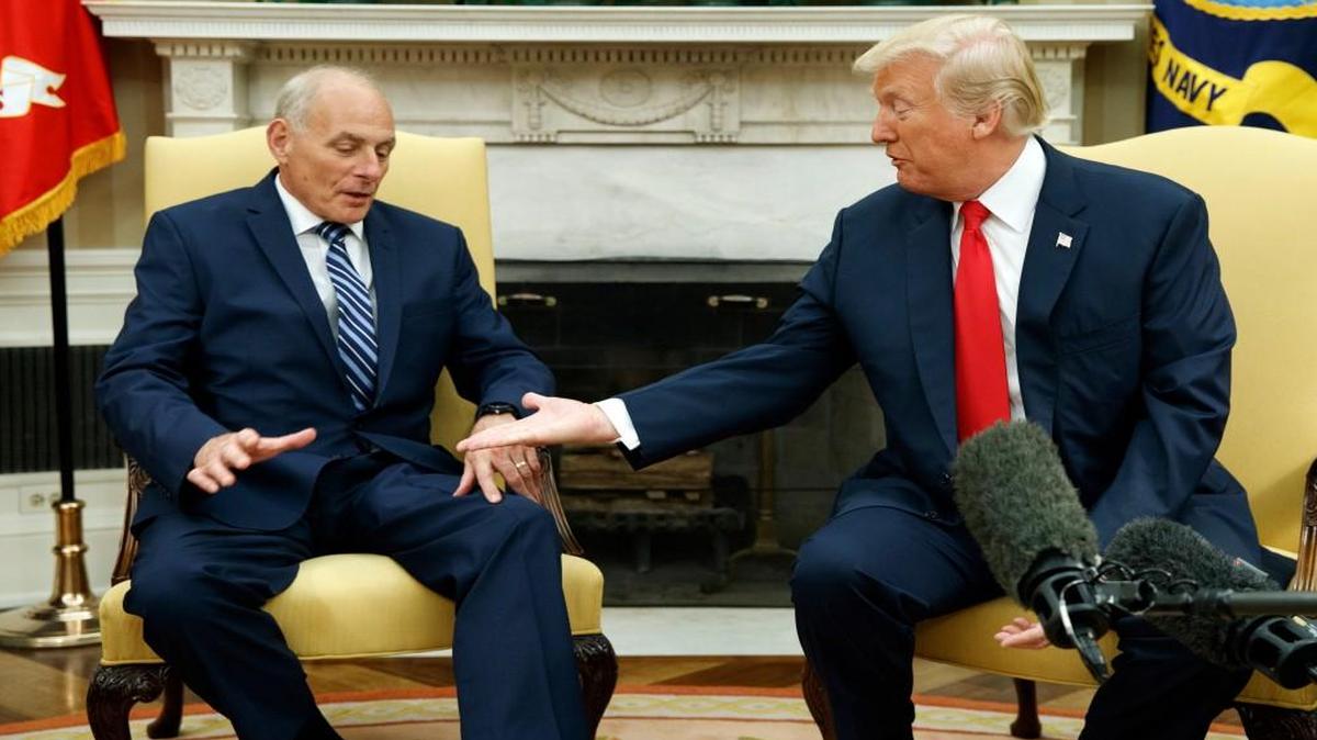 President Donald Trump meets with new White House Chief of Staff John Kelly after he was privately sworn in during a ceremony in the Oval Office on Monday morning.
