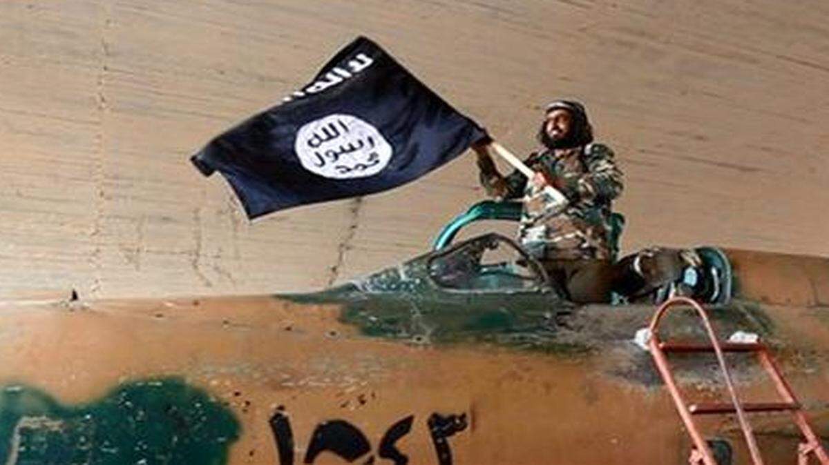 
A fighter of the Islamic State waves its flag from inside a captured government fighter jet in Syria.
