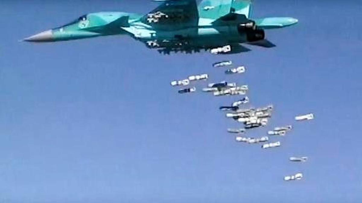 A Russian combat fighter bomber conducts an air strike over Syria this week.