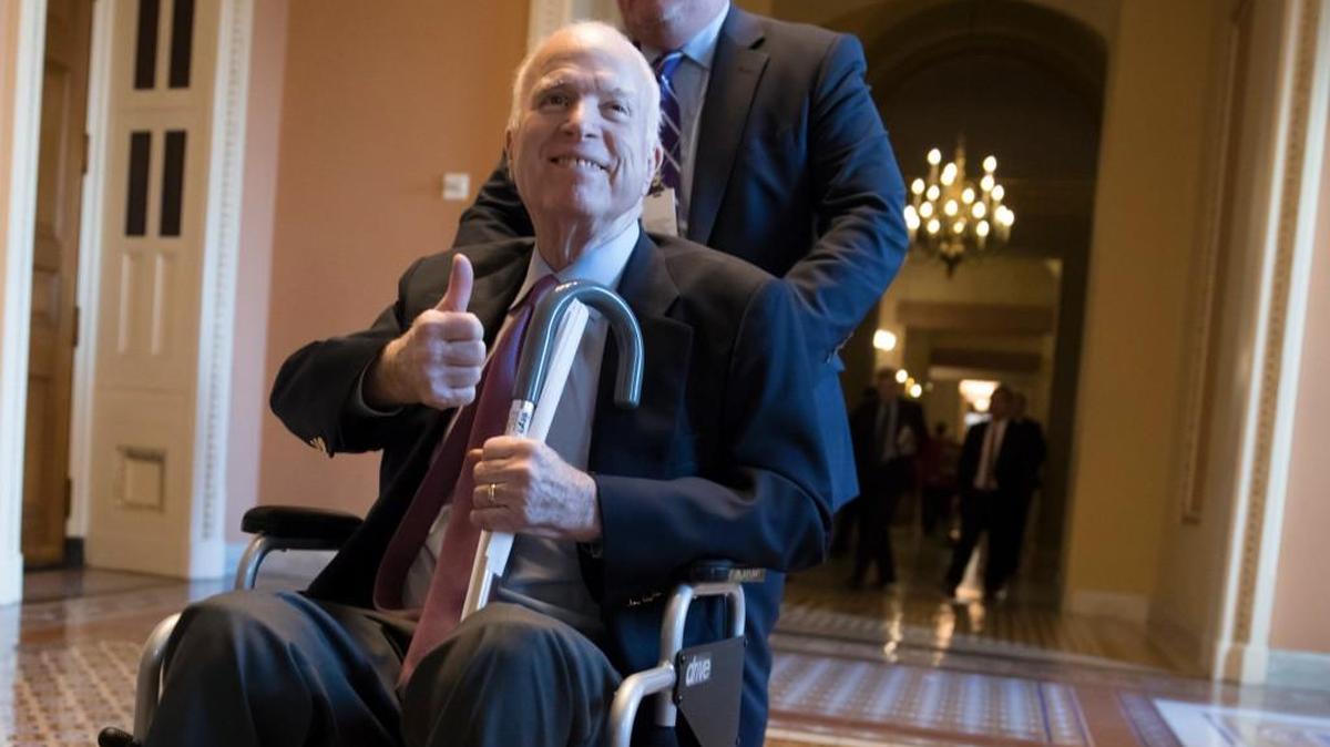 Sen. John McCain, R-Ariz., leaves a closed-door session where Republican senators met on the GOP effort to overhaul the tax code, on Capitol Hill in Washington, Friday, Dec. 1, 2017.