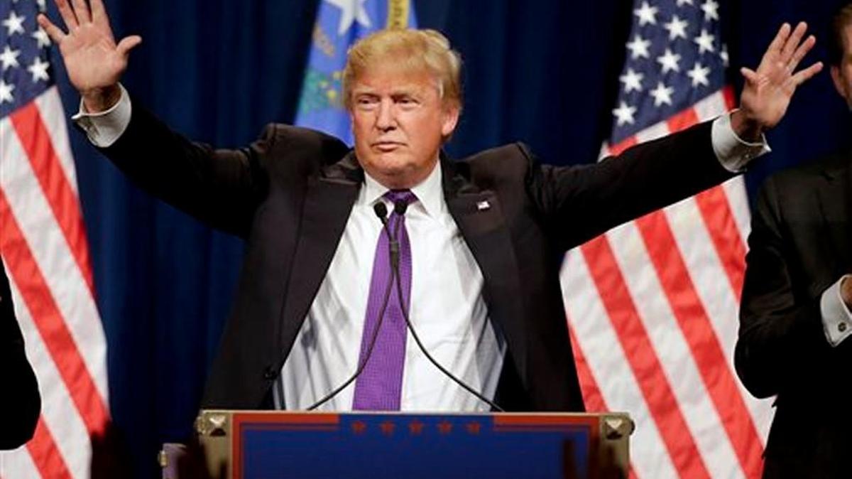 Republican presidential candidate Donald Trump speaks during a caucus night rally Tuesday in Las Vegas.