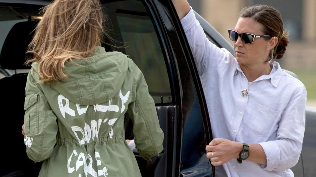 First Lady Melania Trump’s jacket Thursday said “I really don’t care do u?” as she visited a children’s center in McAllen, Texas.
