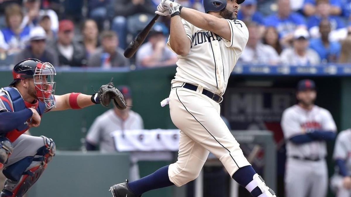 Kansas City Royals designated hitter Kendrys Morales follows through on the game winning home in the 13th inning for a 4-2 win over the Atlanta Braves during Sunday's baseball game on May 15, 2016, at Kauffman Stadium in Kansas City, Mo.