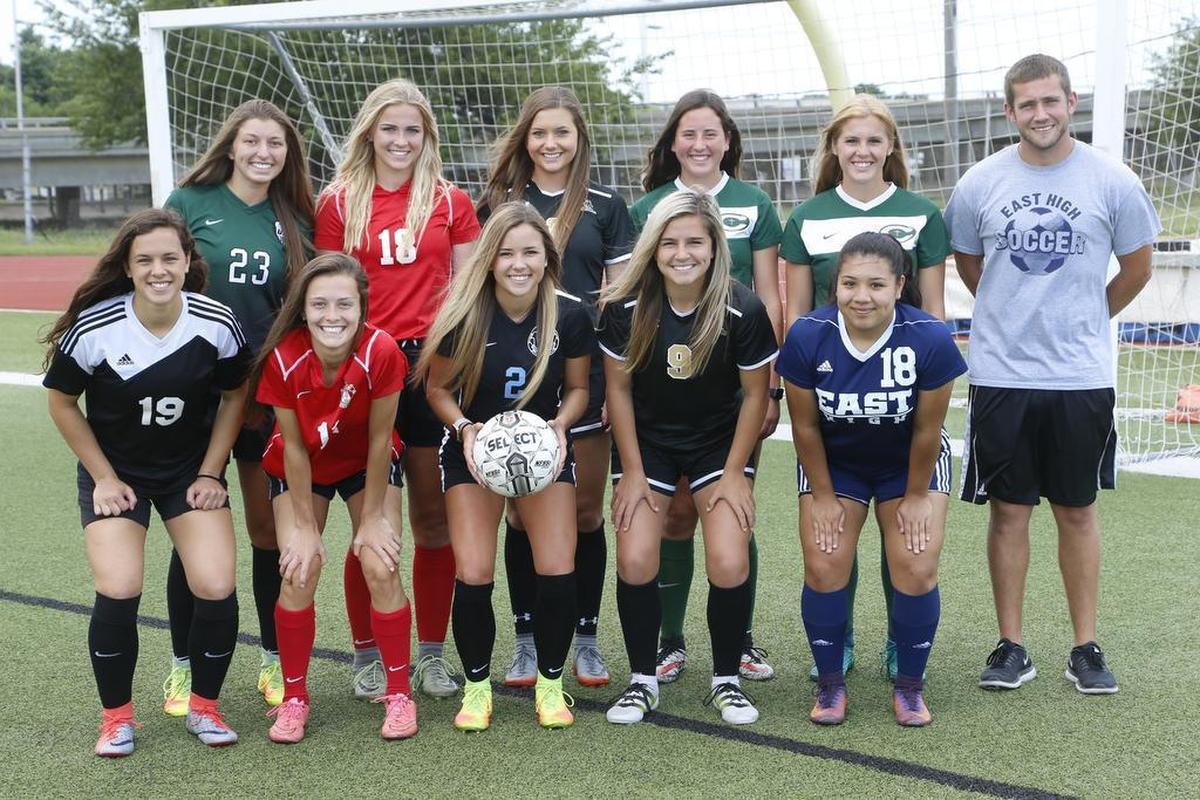 All metro girls soccer. Front row (from left): Brookelynn Entz, Makayla Toth, Tera Lynch, Hayden Burnett, Anahy Guevara, Back row: Jordan Eickelman, Ashlyn Lakin, Avery Green, Hanleigh Allen, Maguire Sullivan. Coach Dylan Gruntzel.