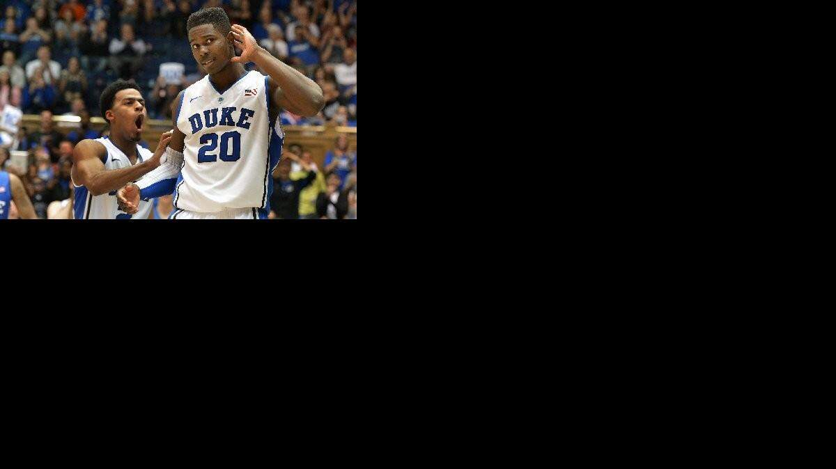 
Duke forward Semi Ojeleye (20) reacts to the crowd during a game earlier this season in Durham, N.C. Ojeleye will leave the Blue Devils and is looking for a school to transfer to. 
