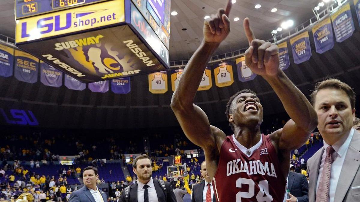 Oklahoma guard Buddy Hield celebrates the team's 77-75 win over LSU on Jan. 30.