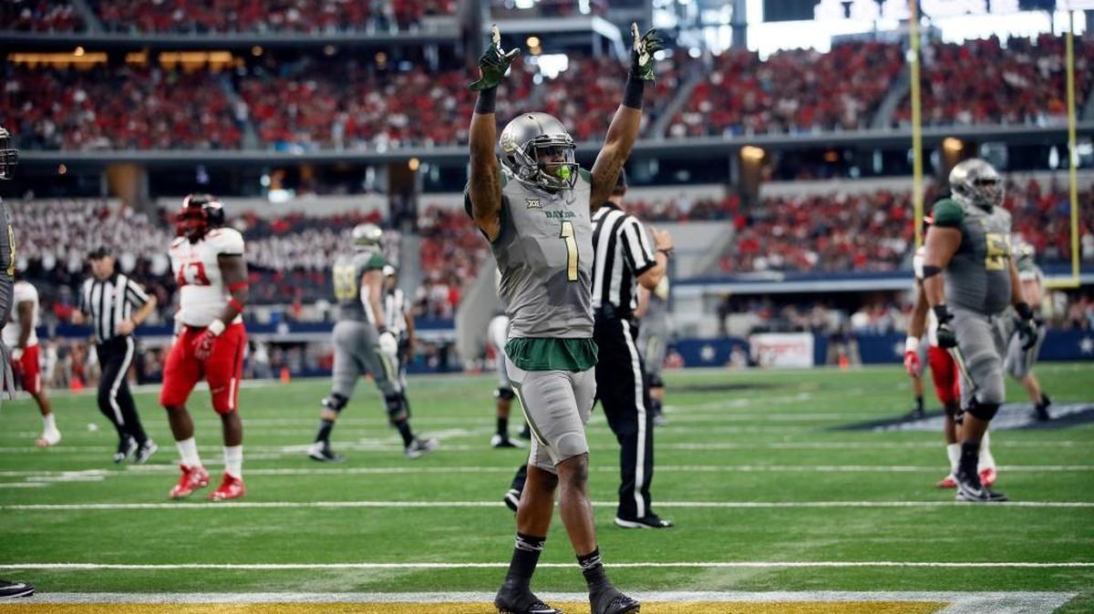 
Baylor wide receiver Corey Coleman celebrates a touchdown against Texas Tech in Arlington, Texas. 
