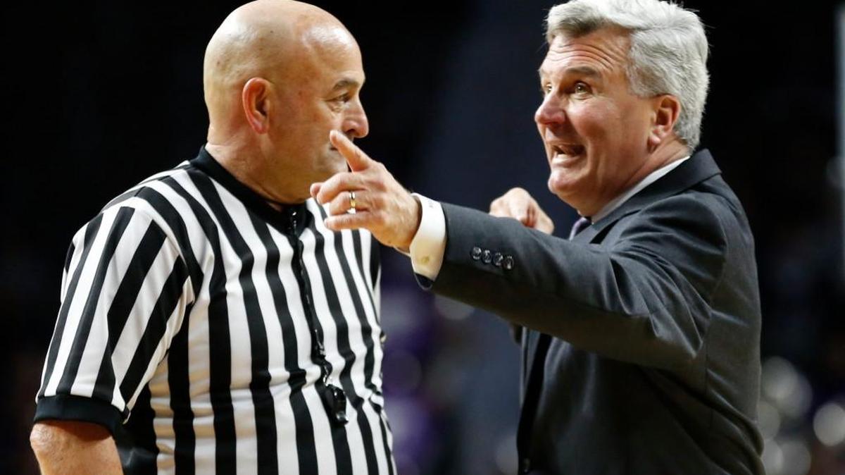An animated K-State coach Bruce Weber talks with one of the officials during a time out in the second half earlier this season.