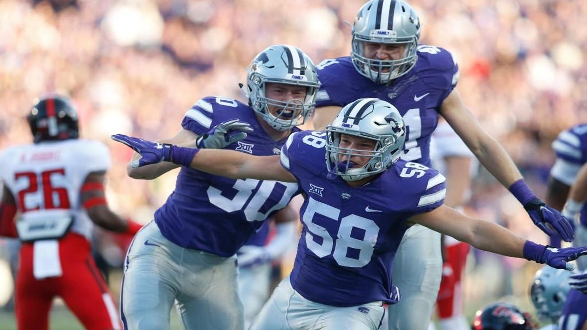 K-State linebacker Trent Tanking defenders celebrate after a big play against Texas Tech.(October 8, 2016)