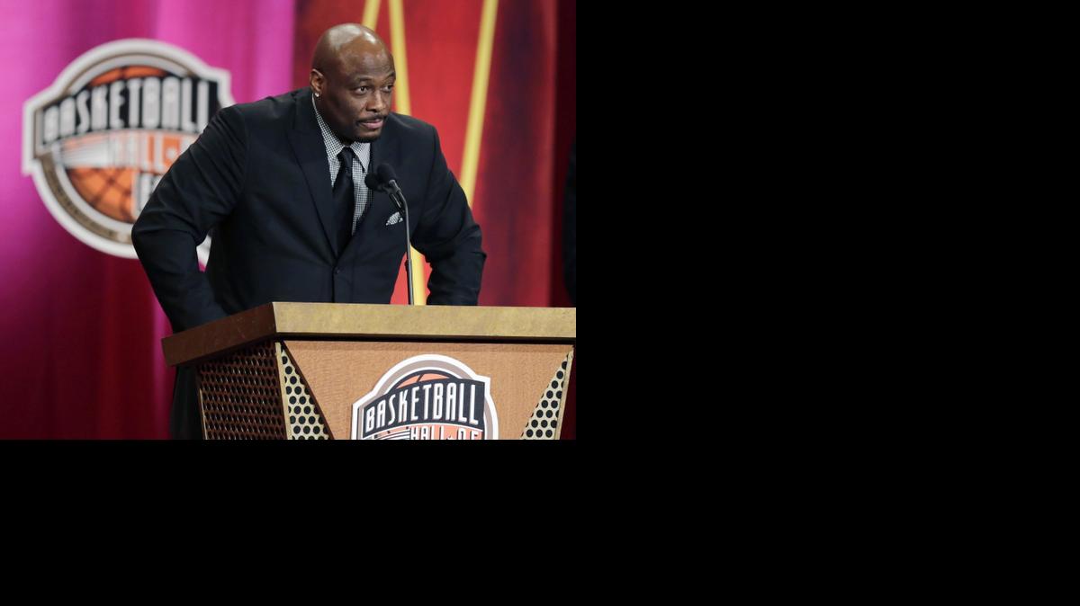
Former Kansas State star Mitch Richmond speaks during his enshrinement ceremony for the Basketball Hall of Fame on Friday in Springfield, Mass.
