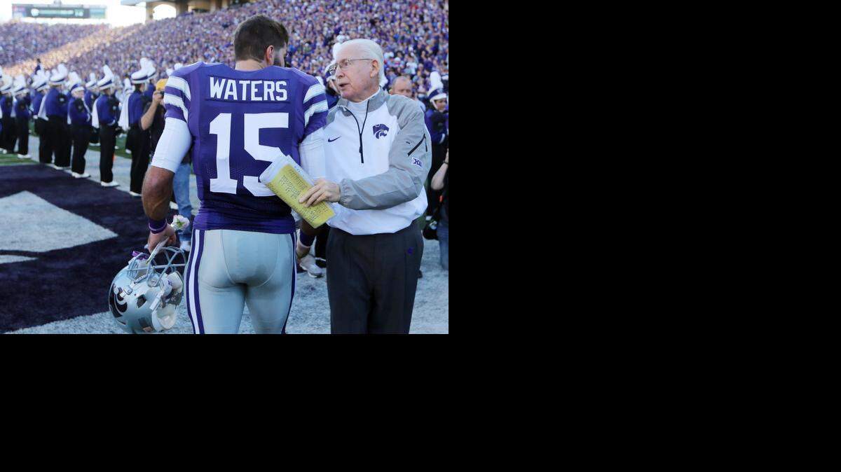 
Kansas State coach Bill Snyder talks with quarterback Jake Waters as he is introduced on Senior Day on Nov. 29 in Manhattan before a game against Kansas.
