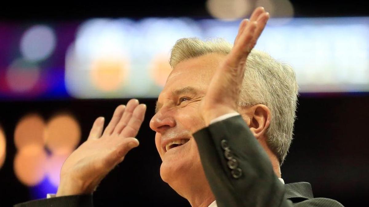 Kansas State coach Bruce Weber smiles at a call during the first half Saturday at Intrust Bank Arena in Wichita.