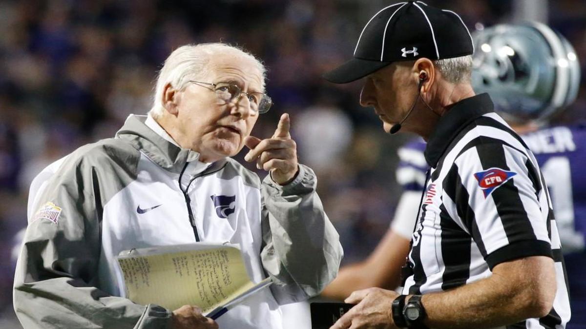 
K-State coach Bill Snyder discusses a call with an official Saturday night. 
