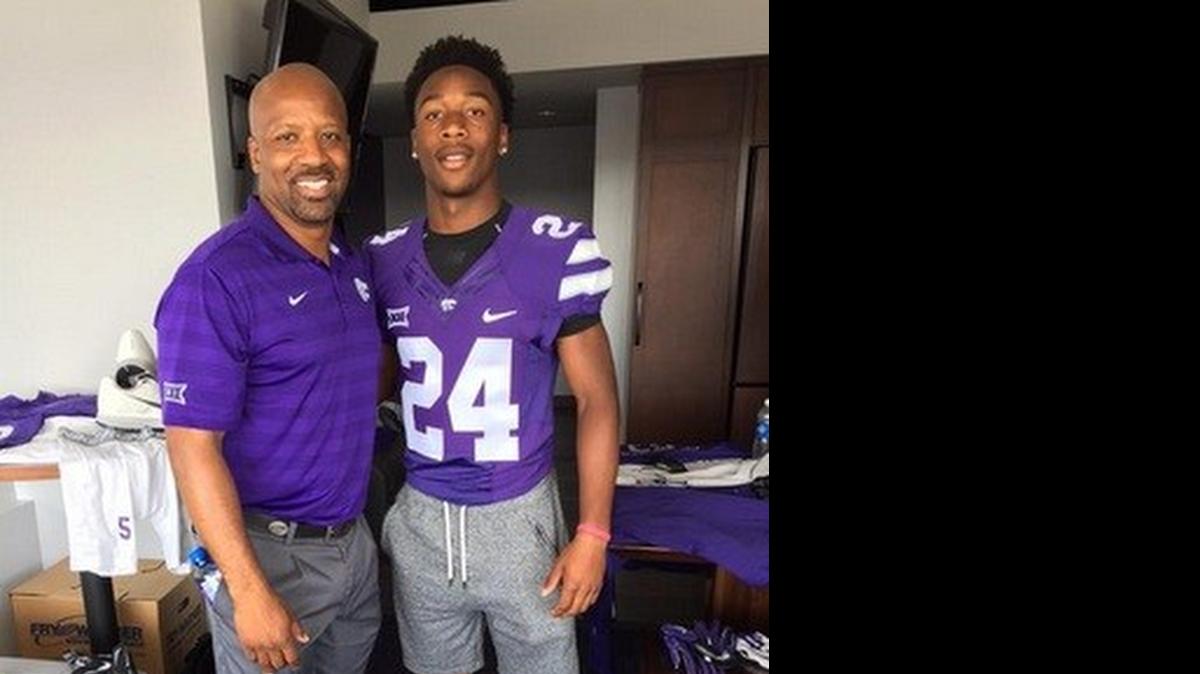
Kansas State wide receivers coach Andre Coleman, left, with recruit DJ Render.
