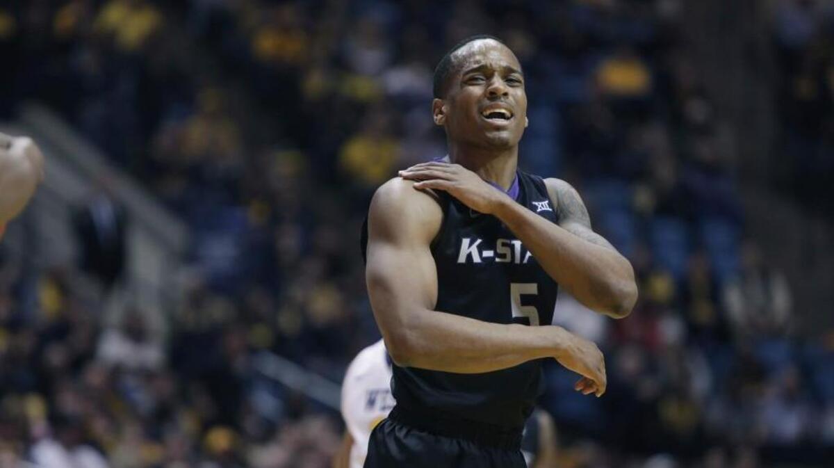 Kansas State guard Barry Brown is frustrated with a call during the second half Saturday in Morgantown, W.Va.