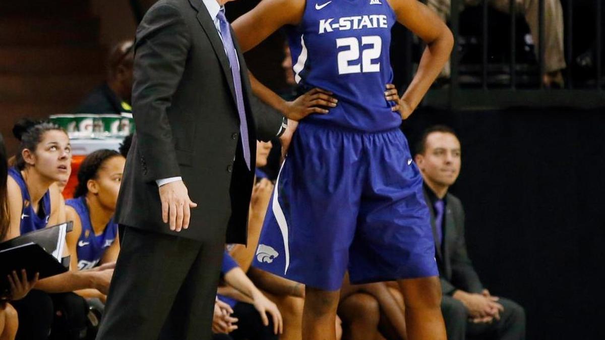 Kansas State coach Jeff Mittie talks with forward Breanna Lewis against Baylor in February. Lewis is averaging 16.7 points heading into Friday’s first-round game against George Washington.