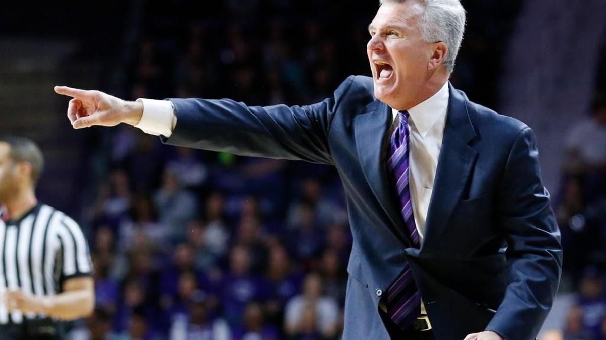 K-State coach Bruce Weber yells to his players as K-State took on Mississippi in Bramlage Coliseum (January 30, 2016)