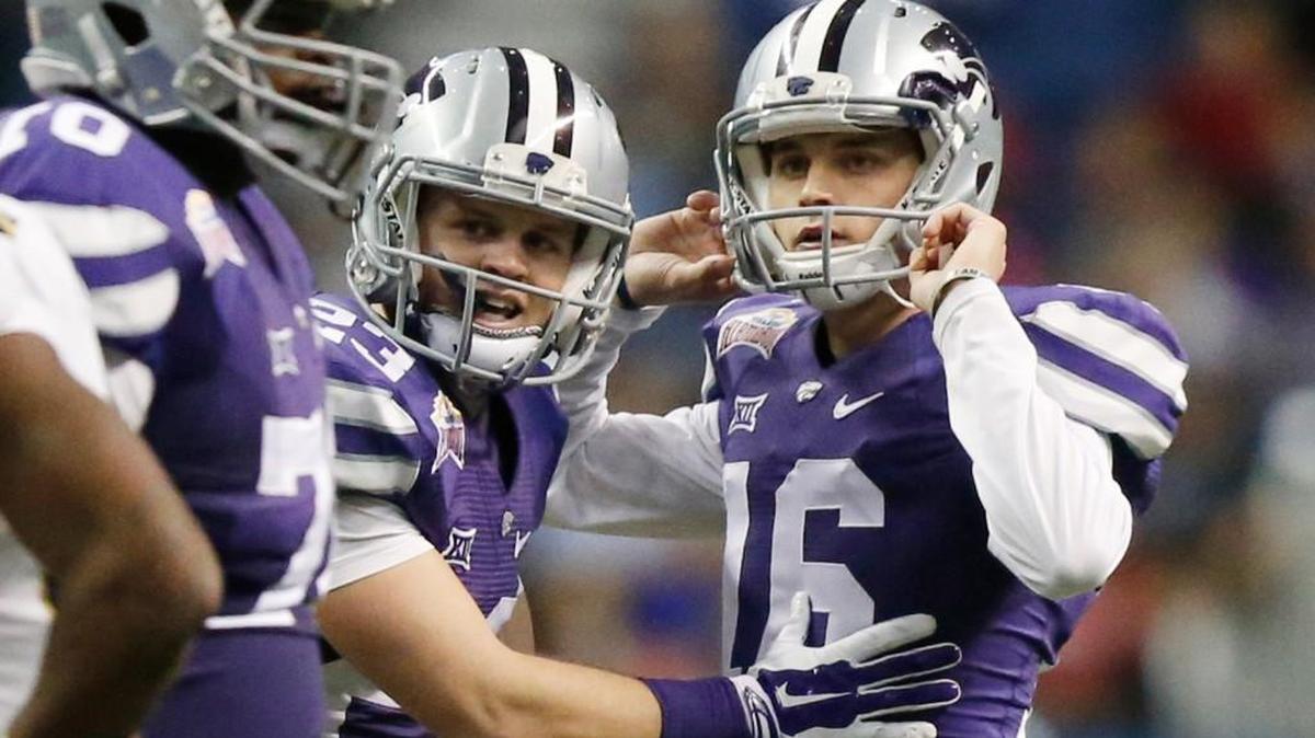 K-State place kicker Matthew McCrane waits and watches to see if his field goal is good at the Alamo Bowl.(January 2, 2015)