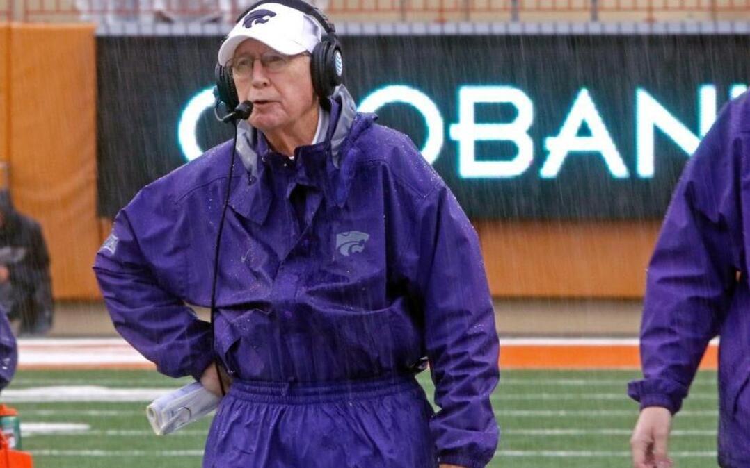Kansas State coach Bill Snyder looks on as rain falls during the second half Saturday in Austin. Snyder was knocked down earlier in the game.